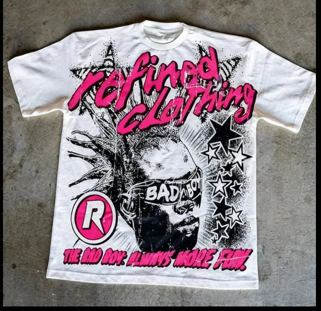 Refined Clothing tee in pink print, laid flat