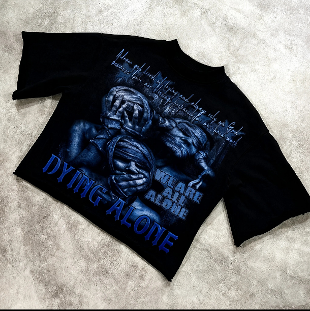 Dying Alone tee in blue print, laid flat